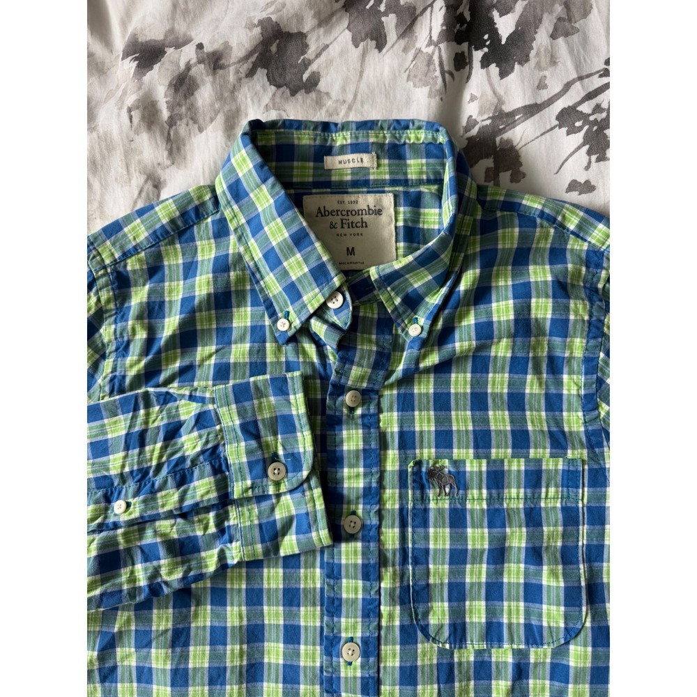 Abercrombie & Fitch Mens Muscle Fit Plaid Button Down Shirt Blue Green M